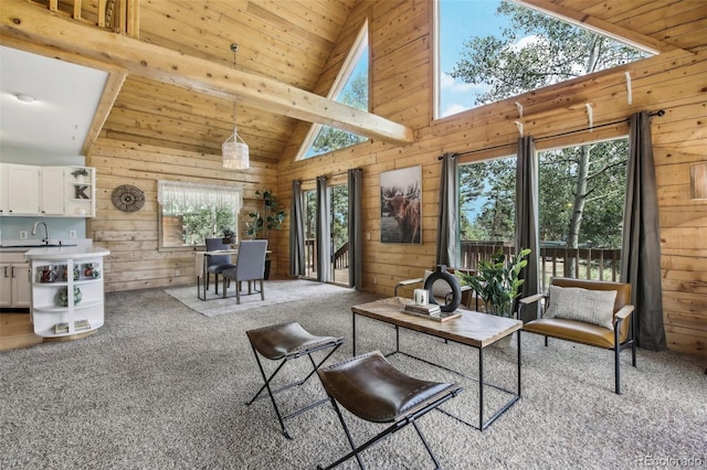 interior space featuring vaulted ceiling, wood ceiling, and a sink