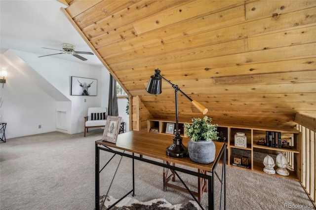 office featuring vaulted ceiling, carpet, and wooden ceiling