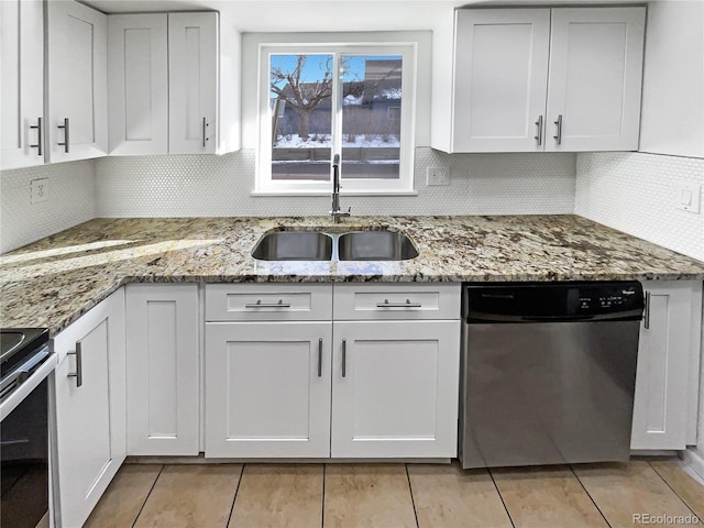 kitchen featuring appliances with stainless steel finishes, backsplash, white cabinetry, and sink