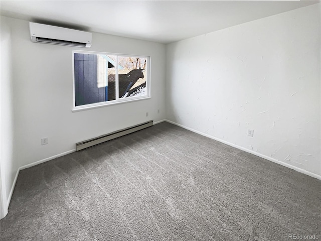 carpeted spare room with a wall unit AC and a baseboard heating unit