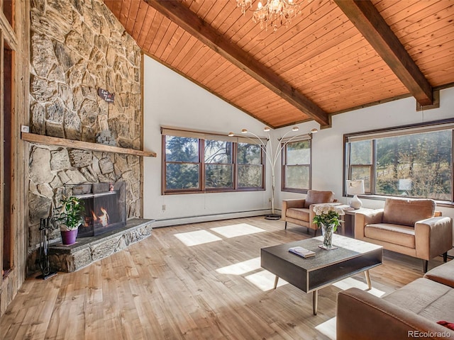 8473 Gray Fox Dr, Evergreen, CO 80439 - living area with high vaulted ceiling, a baseboard radiator, beam ceiling, and wood finished floors
