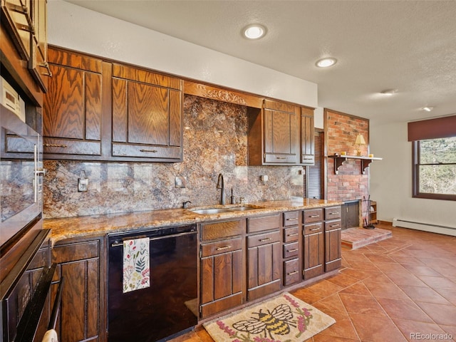8473 Gray Fox Dr, Evergreen, CO 80439 - kitchen with decorative backsplash, light stone countertops, dishwasher, a sink, and a baseboard radiator
