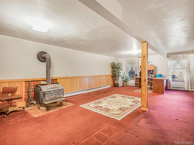 8473 Gray Fox Dr, Evergreen, CO 80439 - additional living space with a wainscoted wall, a baseboard radiator, a wood stove, and carpet flooring