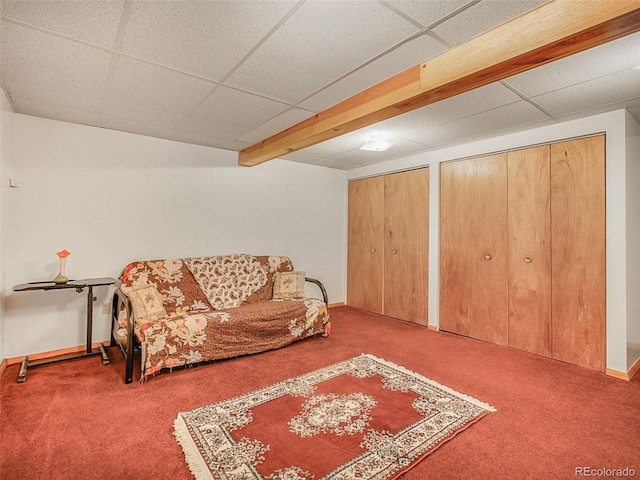8473 Gray Fox Dr, Evergreen, CO 80439 - living room featuring baseboards, a paneled ceiling, and carpet