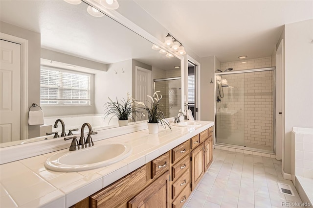 1516 Saltbush Ridge Rd, Highlands Ranch, CO 80126 - bathroom featuring a sink, visible vents, a shower stall, and double vanity