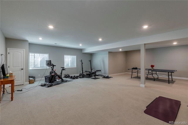 9843 Rosalee Peak St, Littleton, CO 80125 - exercise room with light carpet, baseboards, and recessed lighting