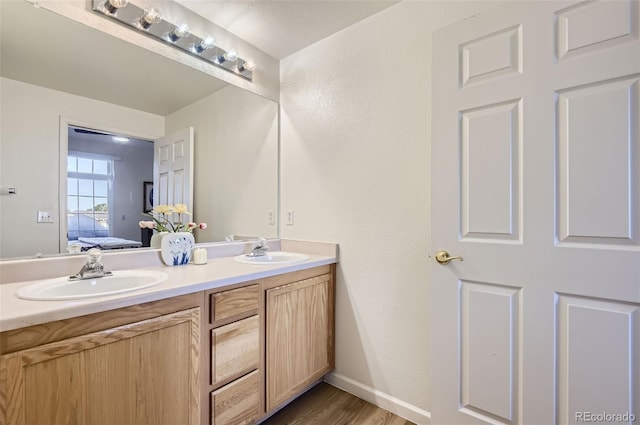 bathroom with vanity and hardwood / wood-style flooring