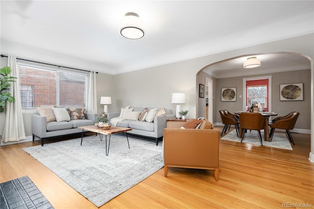 living room featuring a wealth of natural light, ornamental molding, and hardwood / wood-style floors