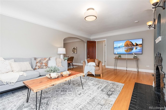 living room featuring a fireplace and wood-type flooring