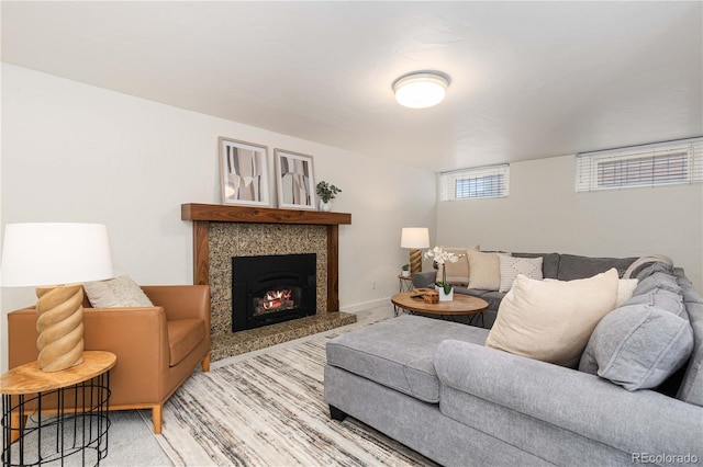 living room with a fireplace