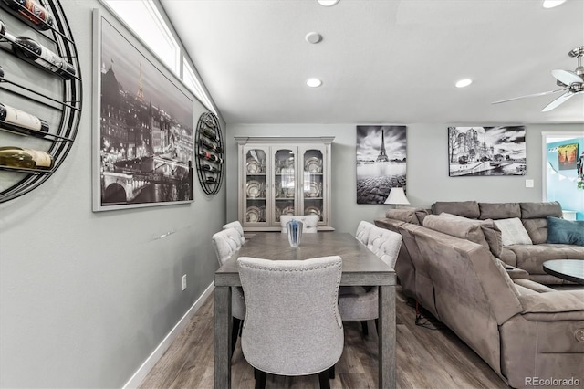 dining space with recessed lighting, ceiling fan, baseboards, and wood finished floors