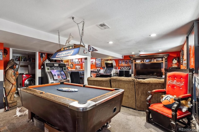 rec room with a textured ceiling, billiards, carpet flooring, and visible vents