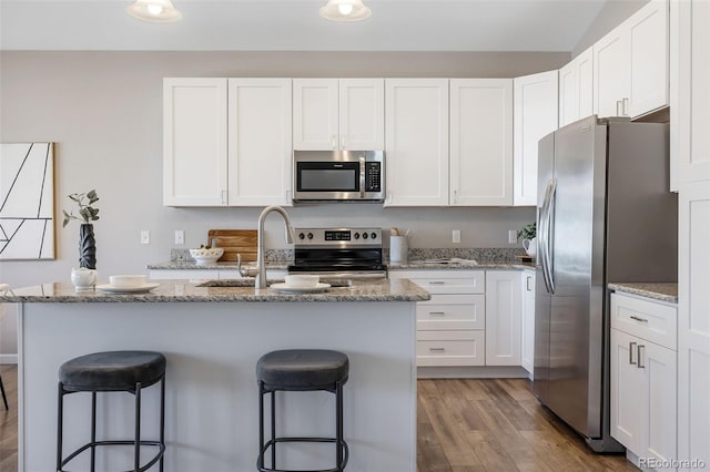 kitchen featuring white cabinetry, stainless steel appliances, and wood finished floors