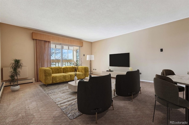 living room featuring carpet and a textured ceiling