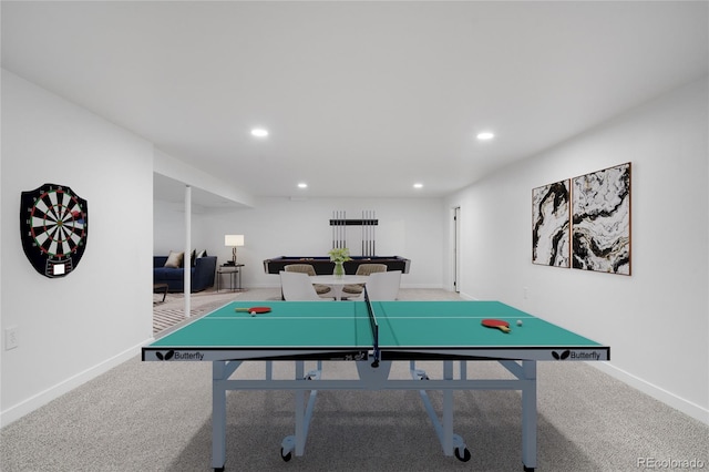 recreation room featuring baseboards, carpet flooring, and recessed lighting