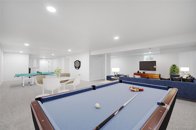 playroom with light colored carpet, pool table, and recessed lighting
