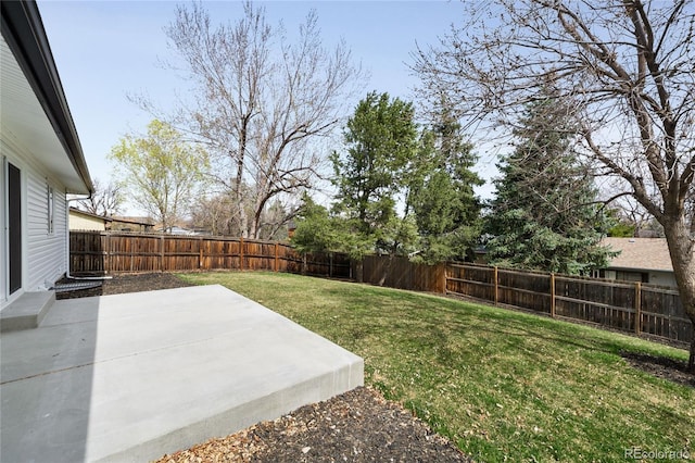 view of yard featuring a fenced backyard and a patio