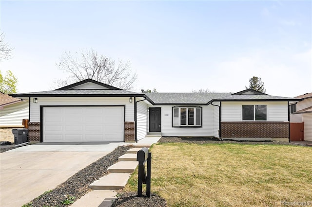 ranch-style home featuring concrete driveway, brick siding, a front yard, and a garage