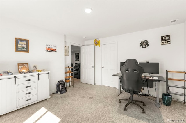 home office featuring light carpet