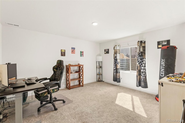 home office featuring carpet flooring, baseboards, and recessed lighting