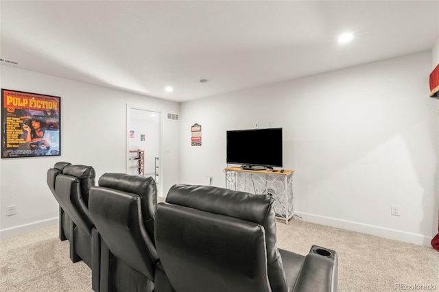 cinema with light colored carpet, baseboards, and recessed lighting