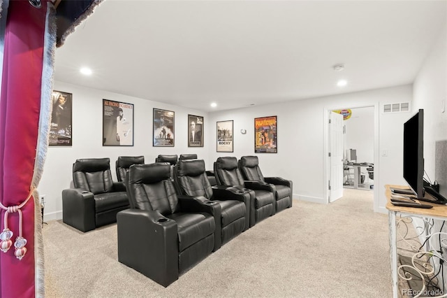 home theater featuring carpet flooring, recessed lighting, and baseboards