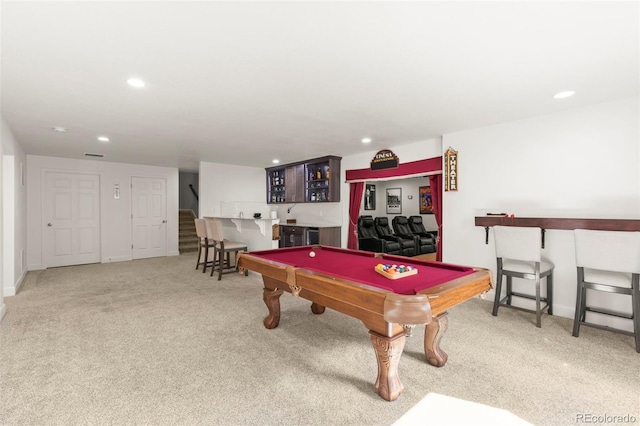 rec room featuring wet bar, pool table, carpet flooring, recessed lighting, and baseboards