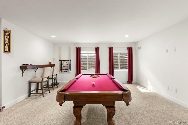 recreation room featuring carpet flooring, pool table, recessed lighting, and baseboards