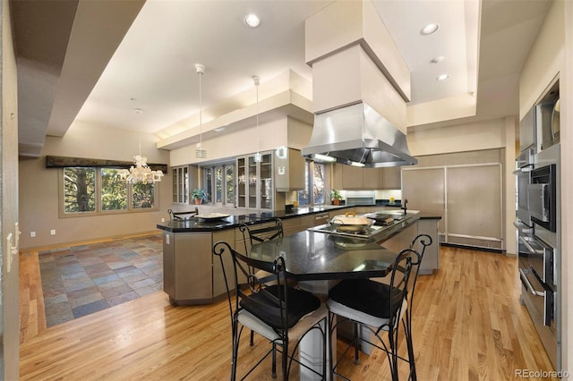 kitchen with a center island, hanging light fixtures, light hardwood / wood-style flooring, island range hood, and stainless steel appliances