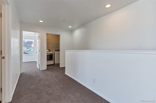 5798 Biscay St, Denver, CO 80249 - hall featuring independent washer and dryer, dark carpet, recessed lighting, and baseboards