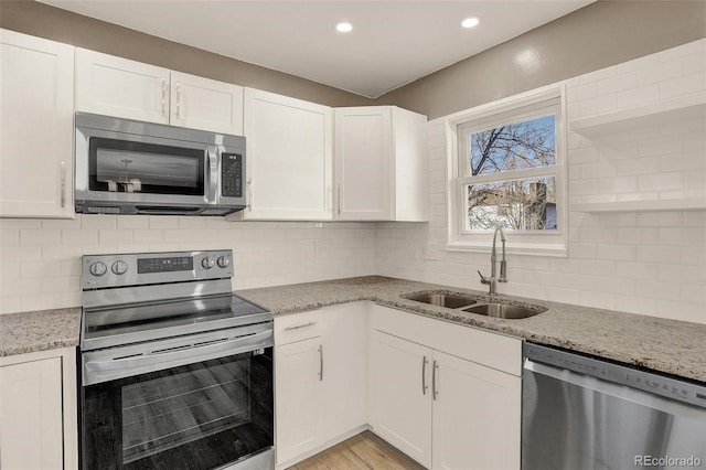 kitchen featuring light stone counters, sink, white cabinetry, and stainless steel appliances