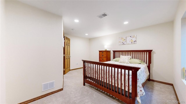 bedroom featuring carpet, recessed lighting, and baseboards