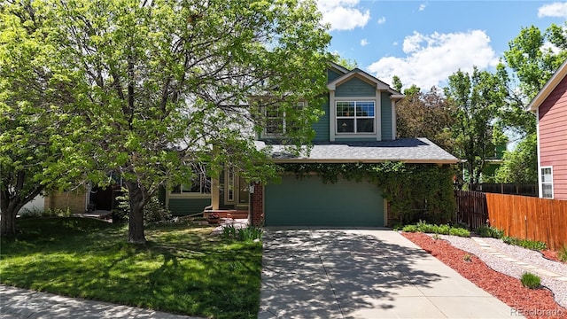view of front of home featuring an attached garage, concrete driveway, brick siding, and roof with shingles