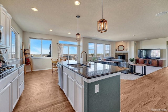 kitchen with a sink, light wood-style floors, stainless steel dishwasher, and a kitchen island with sink