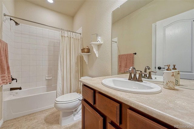 bathroom featuring tile patterned floors, toilet, shower / bath combo, and vanity