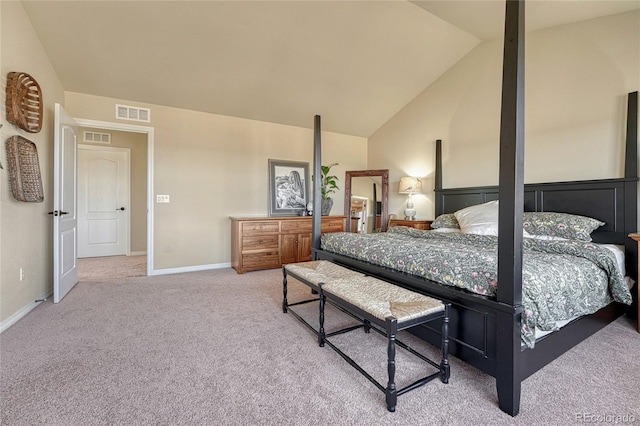 bedroom featuring lofted ceiling, light colored carpet, visible vents, and baseboards