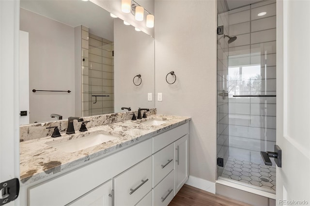 bathroom featuring vanity and a shower with shower door