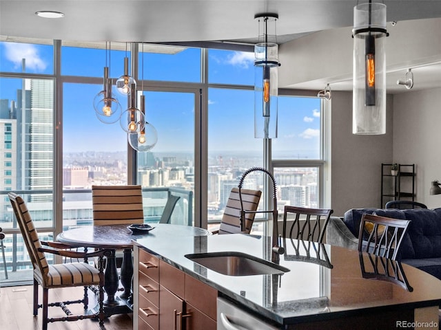 891 14th St Unit 3410, Denver, CO 80202 - kitchen featuring a city view, wood finished floors, expansive windows, brown cabinetry, and dishwasher