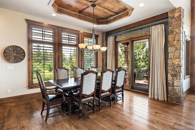 dining room featuring a tray ceiling, wooden ceiling, hardwood / wood-style floors, and a chandelier