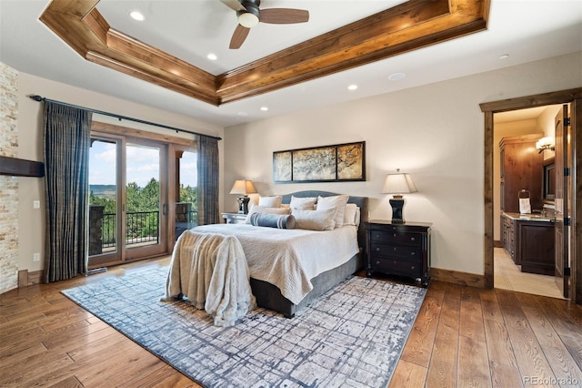 bedroom featuring light wood-type flooring, access to outside, ceiling fan, and ornamental molding