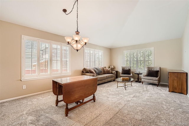 23808 E Bellewood Dr, Aurora, CO 80016 - carpeted living area with a chandelier and lofted ceiling