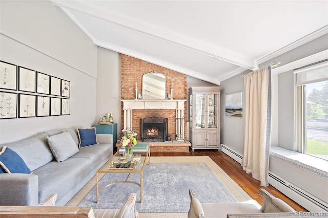 1100 Pontiac St, Denver, CO 80220 - living area featuring a baseboard radiator, crown molding, wood finished floors, and a brick fireplace