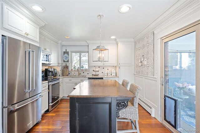 1100 Pontiac St, Denver, CO 80220 - kitchen with appliances with stainless steel finishes, a baseboard radiator, a sink, white cabinetry, and a wainscoted wall