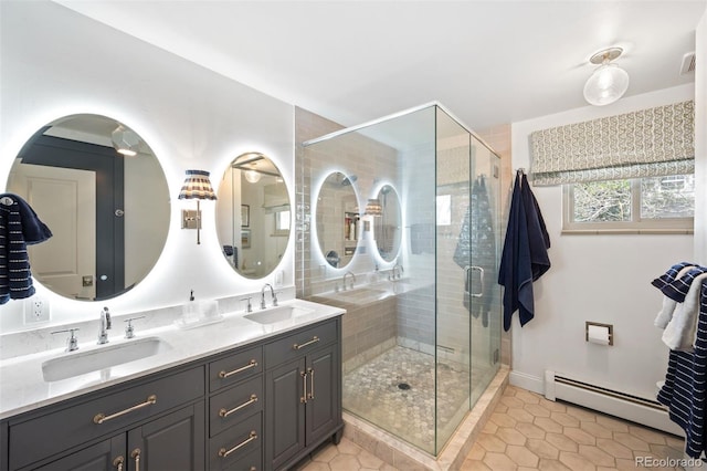 1100 Pontiac St, Denver, CO 80220 - full bath featuring a baseboard radiator, a stall shower, tile patterned flooring, and double vanity
