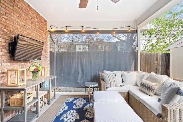 1100 Pontiac St, Denver, CO 80220 - view of patio featuring an outdoor hangout area, fence, and a ceiling fan