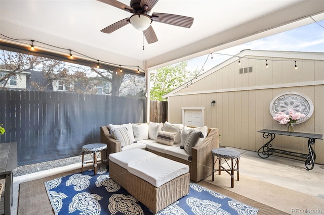 1100 Pontiac St, Denver, CO 80220 - view of patio / terrace featuring ceiling fan, fence, and an outdoor living space