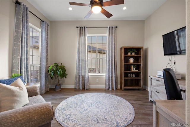 home office with baseboards, ceiling fan, recessed lighting, and wood finished floors