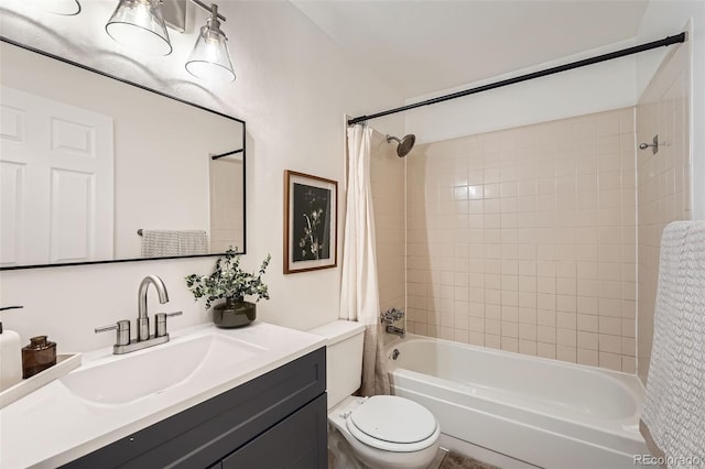 full bathroom featuring vanity, toilet, and shower / bathtub combination with curtain