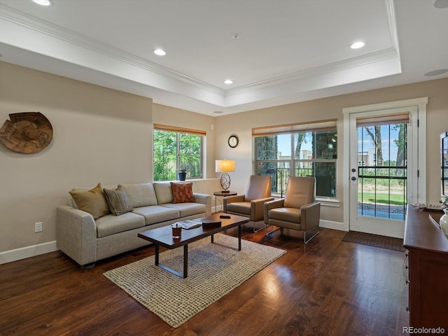 2363 Primo Rd Unit A, Highlands Ranch, CO 80129 - living area featuring crown molding, a raised ceiling, dark wood finished floors, and recessed lighting
