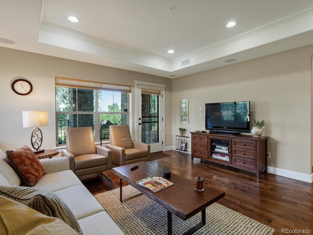 2363 Primo Rd Unit A, Highlands Ranch, CO 80129 - living room with wood finished floors, ornamental molding, a raised ceiling, and recessed lighting